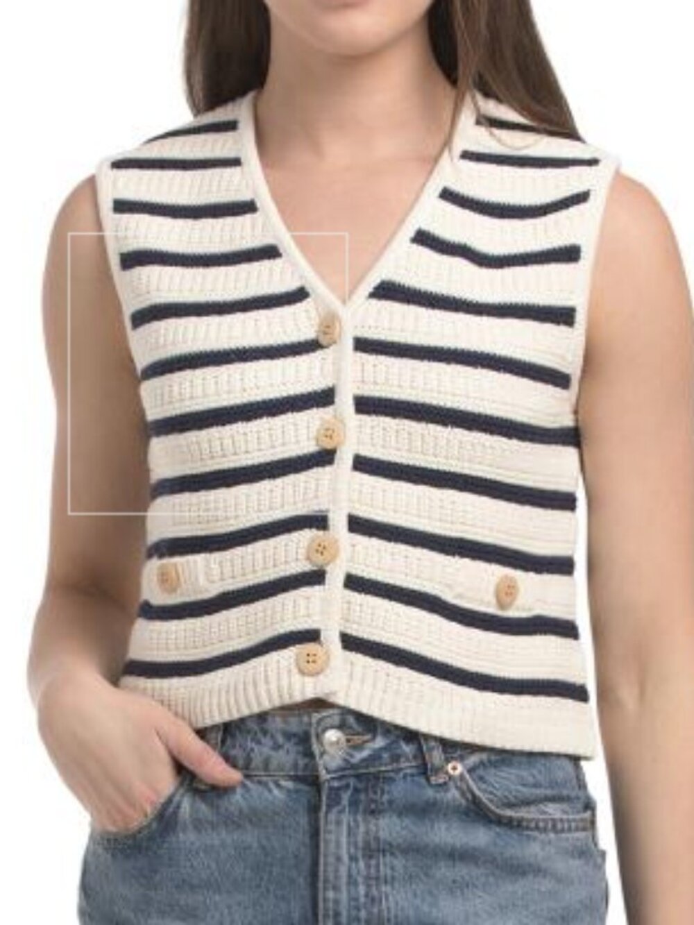 Sleeveless V-Neck Striped Knit Vest in Cream and Black